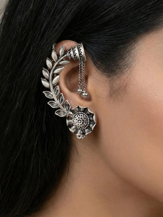 Oxidised Silver Leaf Floral Ear Cuff with Ghungroo Chain Drop Earrings For Girls & Women (258-KK2O-10668)