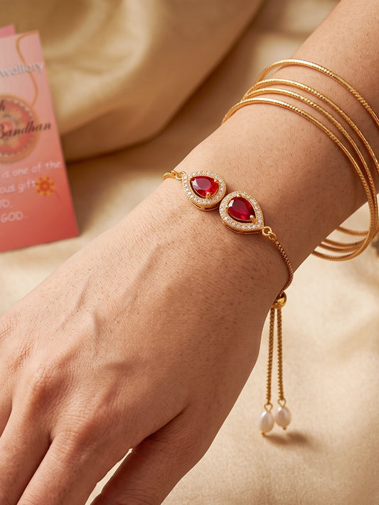 Adjustable Rakhi Bracelet with Maroon drop AD Pendant, White Drops, Roli Chawal & Card (195-CHB2-1279-M-2026)