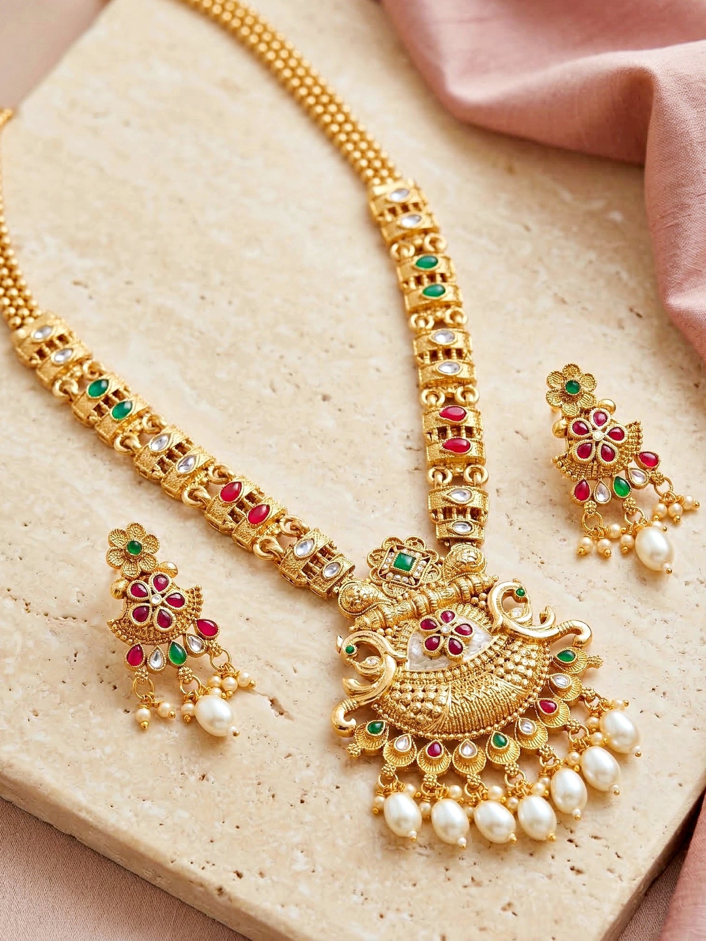 Lucky Jewellery Gold-Plated Ruby & Green Color Long Necklace Set (750-G2SR-206-RG)