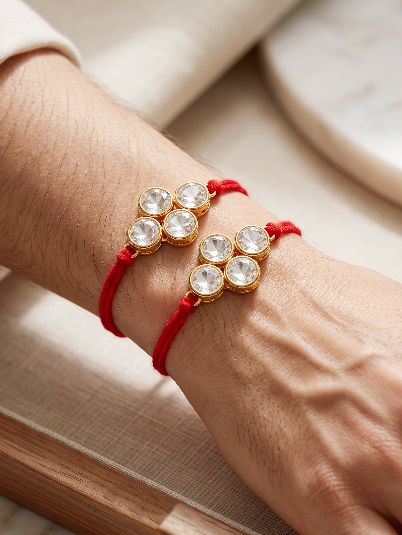LUCKY JEWELLERY Traditional Rakhi for Brother/Bhaiya – Gold Plated Red Thread Rakshabandhan Rakhie White Stones for Bhai/Bhabhi (Pack of 2) – Fancy Rakhee Bracelet Rakshasutra (198-L1R1-19-W-2-2026)