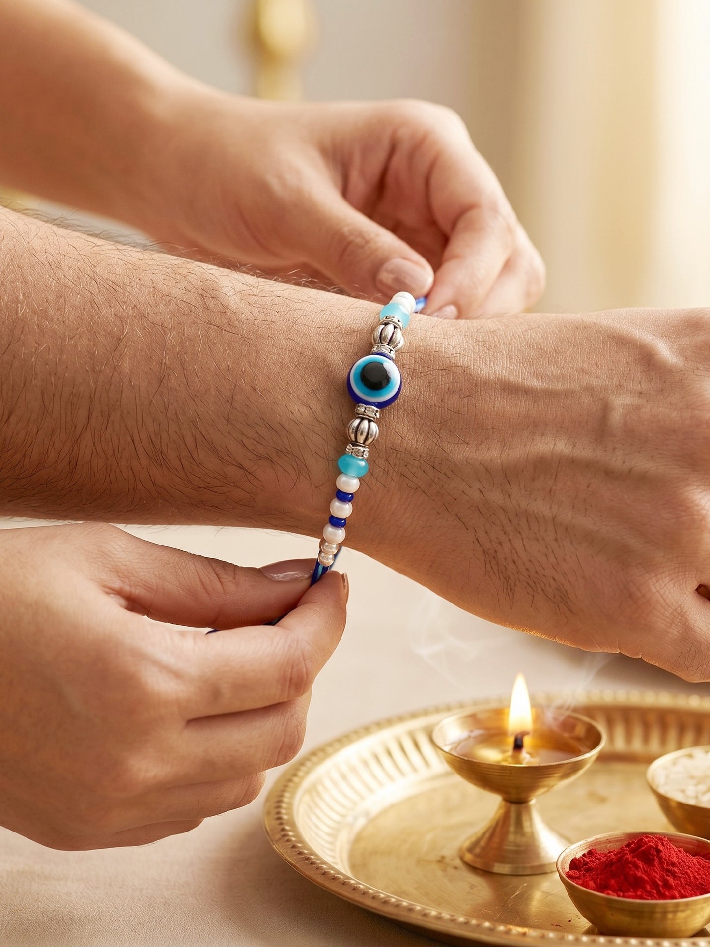 Blue Evil Eye Rakhi with Greeting Card and Roli Chawal Set for Rakshabandhan (54-S5R1-RN2239)