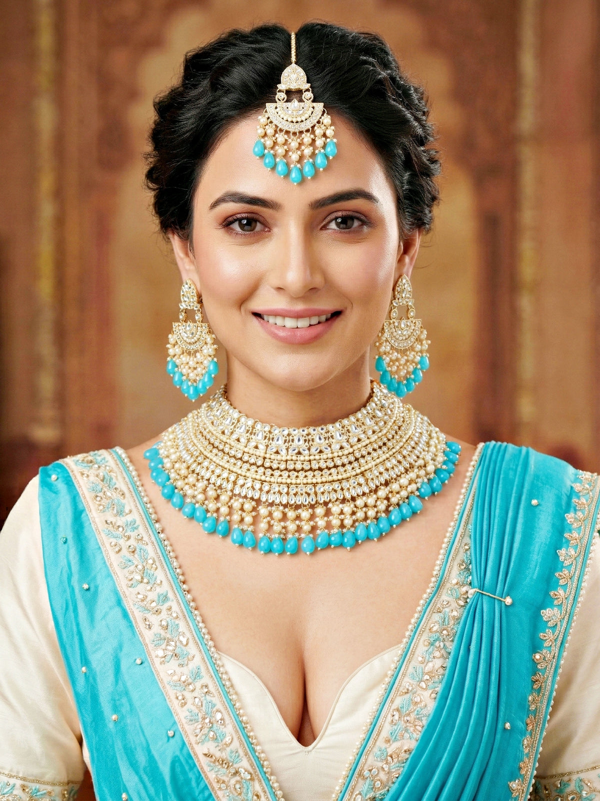 Gold Plated Kundan & Pearl Firozi Stone Bridal Choker Jewellery Set with Maang Tikka (1683-ISK-855-F)