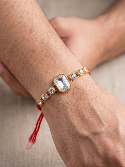LUCKY JEWELLERY Traditional Rakhi for Brother/Bhaiya – Gold Plated Red Thread Rakshabandhan Rakhie White Stones for Bhai/Bhabhi (Pack of 3) – Fancy Rakhee Bracelet Rakshasutra (159-L1R1-01-W-3-2026)