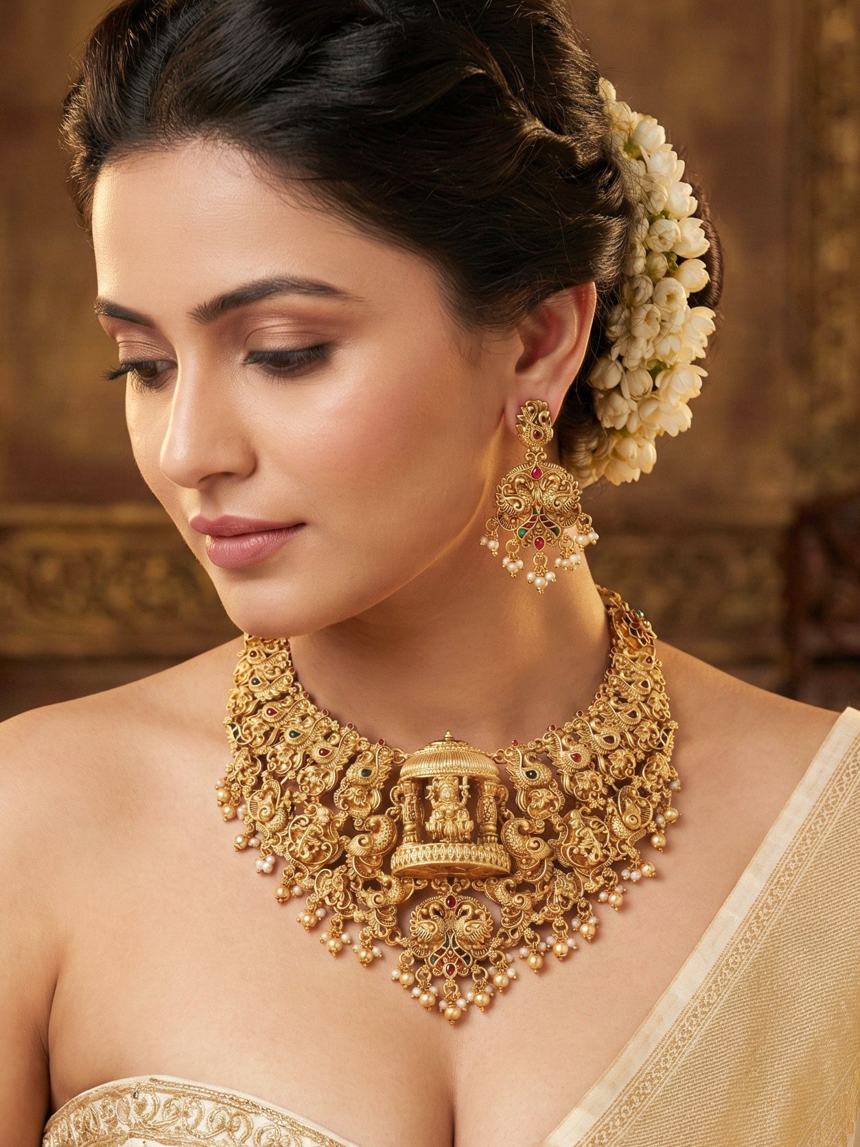Antique Gold Plated South Indian Temple Jewelry Layered Set | Goddess Lakshmi Choker & Long Necklace with Matching Earrings for Women (3317-ISR-2184-RG)