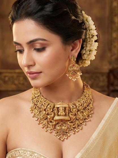 Antique Gold Plated South Indian Temple Jewelry Layered Set | Goddess Lakshmi Choker & Long Necklace with Matching Earrings for Women (3317-ISR-2184-RG)