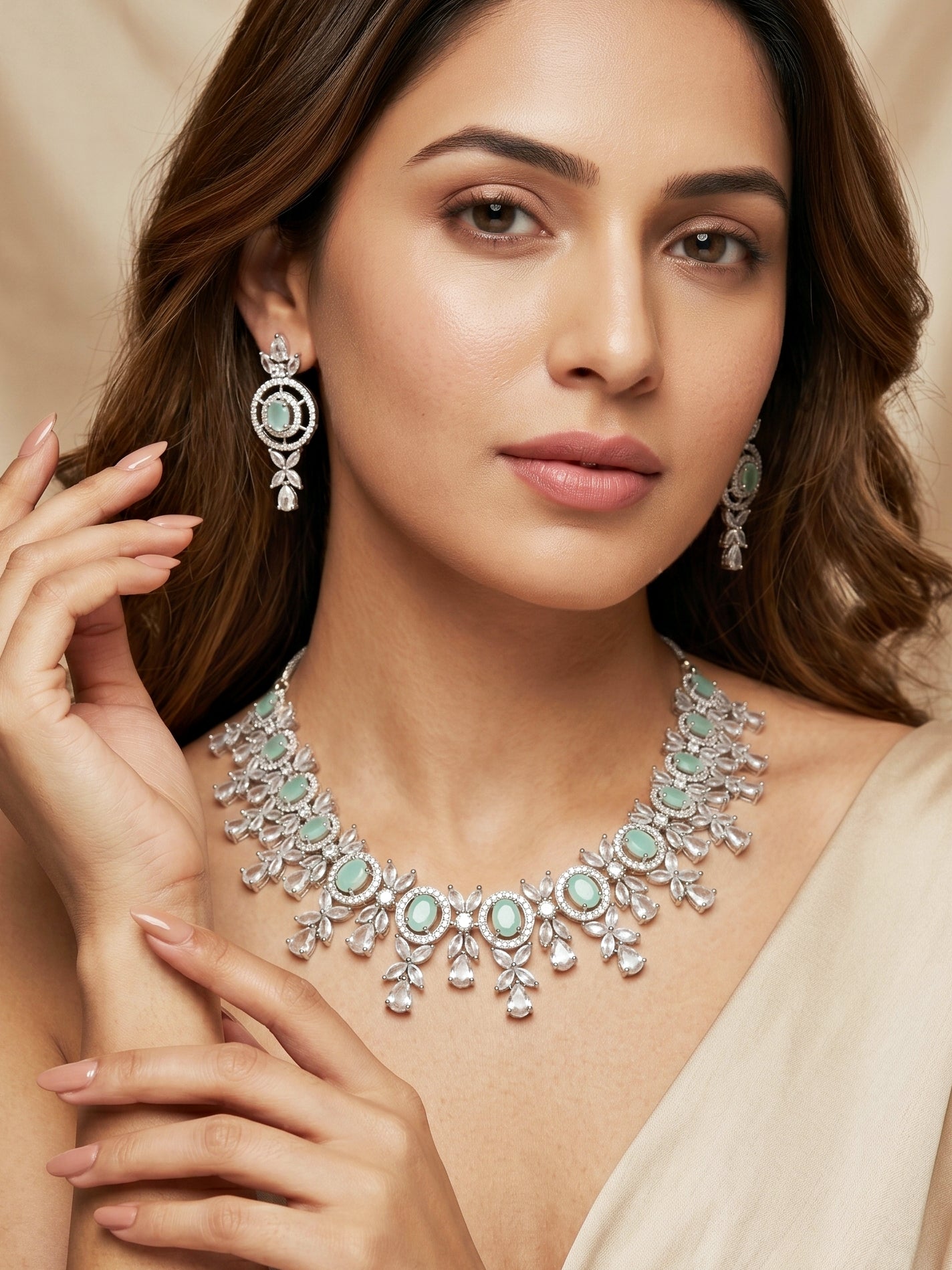 Silver-Tone Turquoise Stone & American Diamond Necklace Set with Earrings for Women – Office, Party & Function Wear (1717-K4SA-2242-MNT-S)
