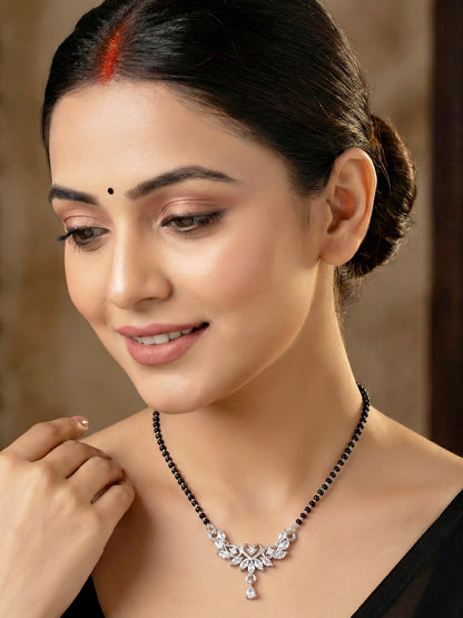 Lucky Jewellery Silver-Toned CZ Heart Drop Mangalsutra for Women (110-K4MA-2244-S)