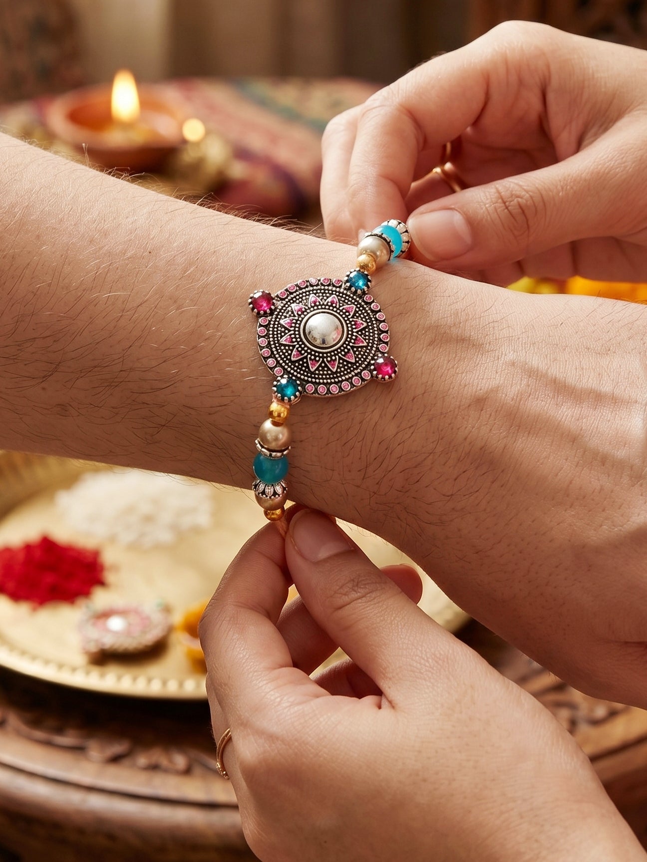 Set of 2 Oxidised Mandala Rakhi for Brother with Silver & Blue Beads, Roli Chawal & Card (96-CHR1-1962-2-2026)