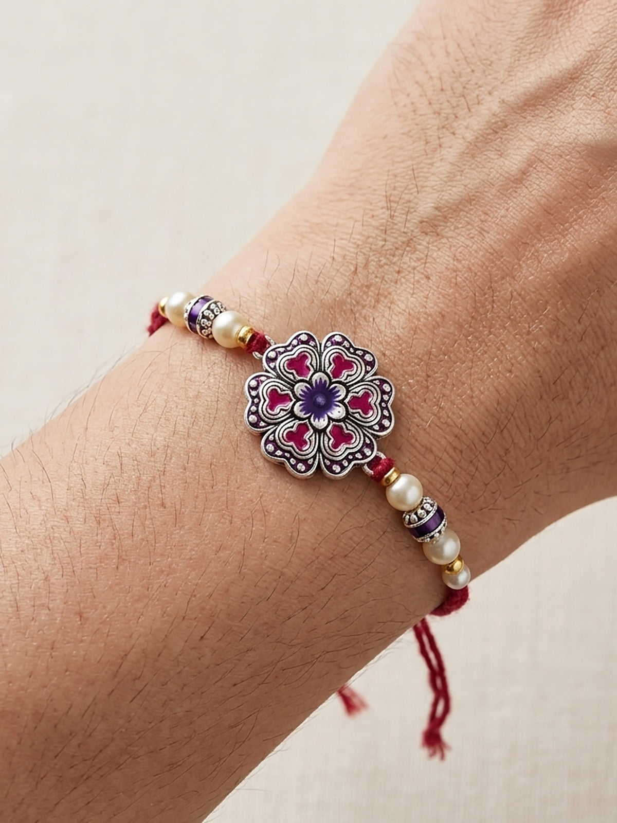 Set of 2 Magenta Floral Rakhi for Brother with Purple Accents, Beads, Roli Chawal & Card (108-CHR1-1966-P-S-2-2026)