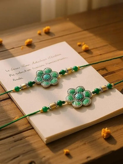 Lucky Jewellery Designer Oxidised Silver Rakhi - Rakshabandhan Green Color Meena Rakhee Bracelet for Brother/Bhaiya/Bhai/Bhabhi - Pack of 2 (106-CHR1-1967-G-S-2)
