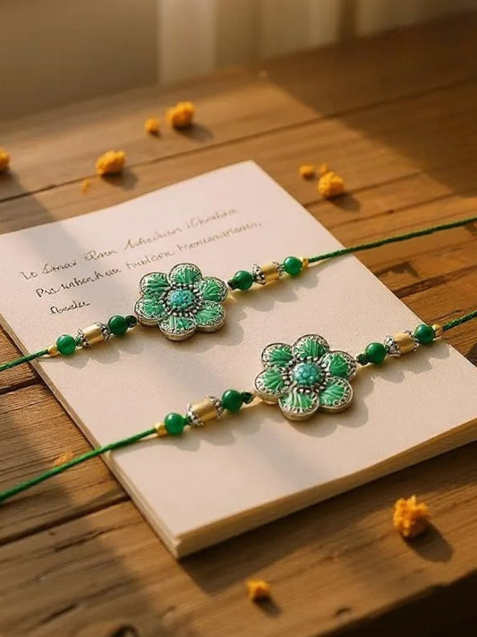 Lucky Jewellery Designer Oxidised Silver Rakhi - Rakshabandhan Green Color Meena Rakhee Bracelet for Brother/Bhaiya/Bhai/Bhabhi - Pack of 2 (106-CHR1-1967-G-S-2)