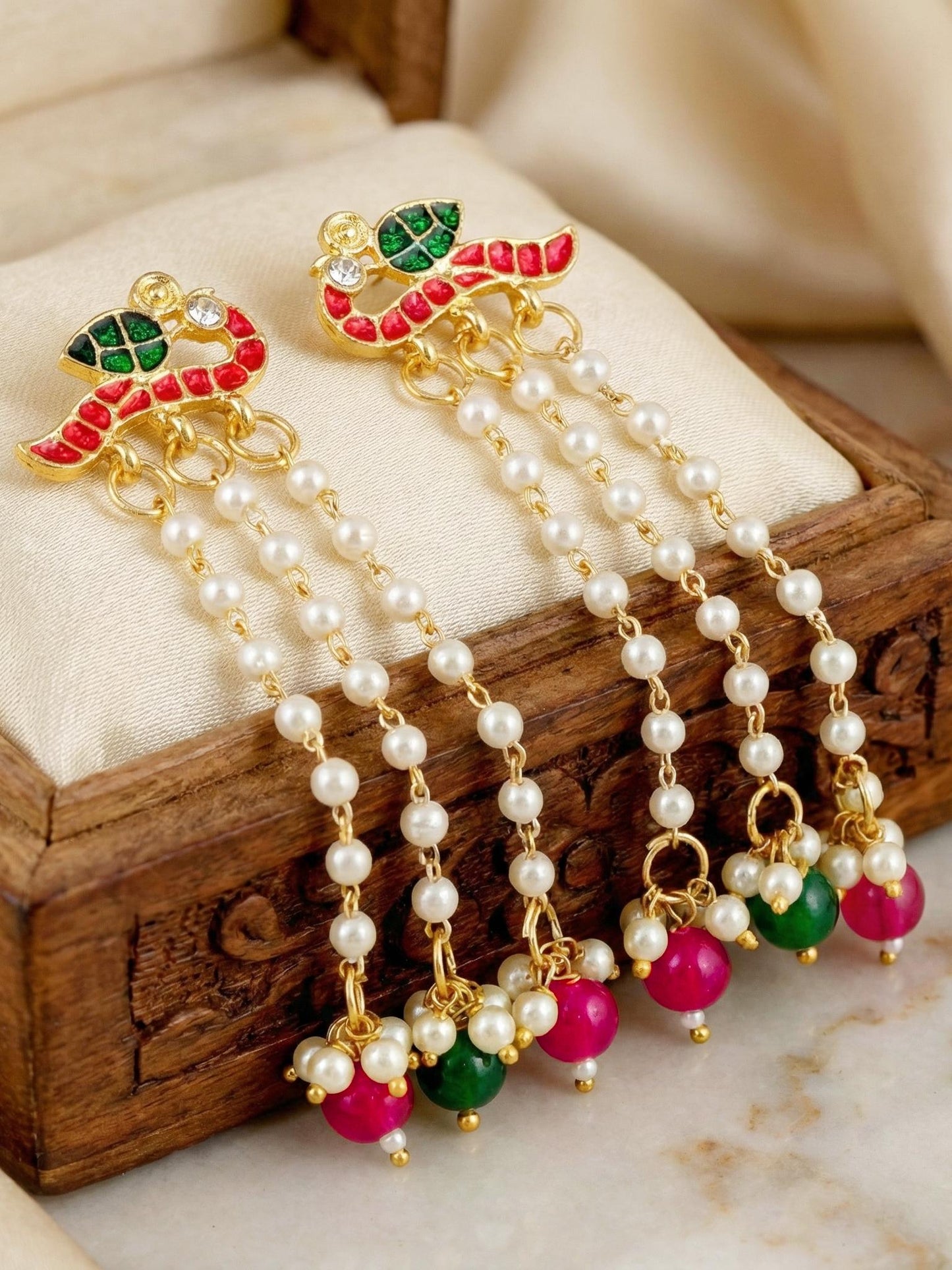 Gold Plated Enamel Bird Moti Layer Long  Earrings with Magenta & Green Beads For Girls & Women (225-KEG-9881-RG)