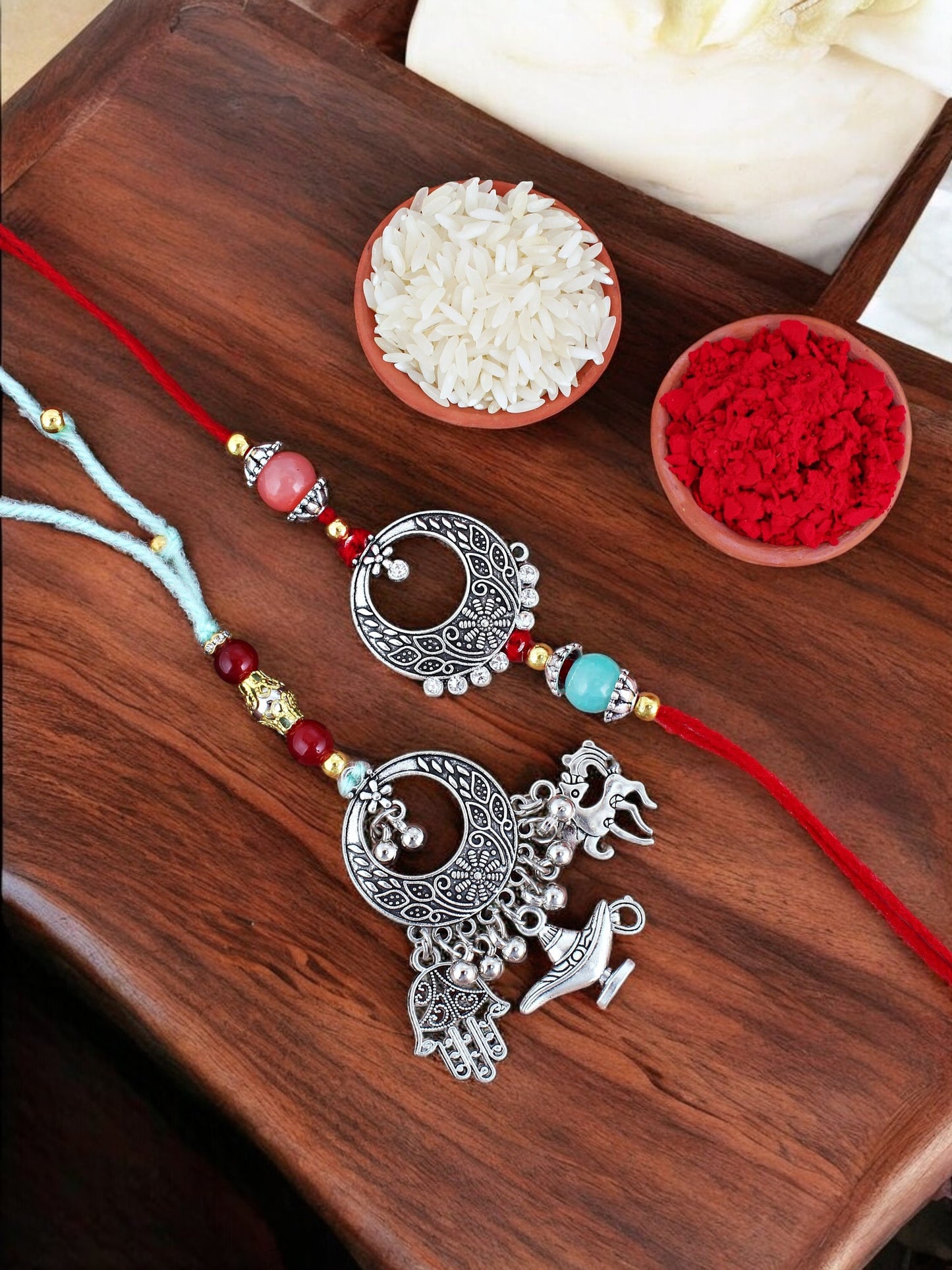 Lucky Jewellery Designer Oxidised Silver Rakhi - Rakshabandhan Rakhee Lumba Bracelet for Brother/Bhaiya/Bhai/Bhabhi - Pack of 2 (109-CHCR1-1968-2)