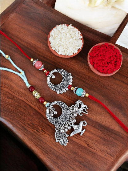 Lucky Jewellery Designer Oxidised Silver Rakhi - Rakshabandhan Rakhee Lumba Bracelet for Brother/Bhaiya/Bhai/Bhabhi - Pack of 2 (109-CHCR1-1968-2)