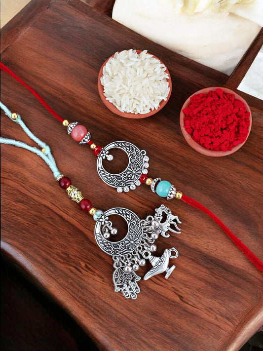 Lucky Jewellery Designer Oxidised Silver Rakhi - Rakshabandhan Rakhee Lumba Bracelet for Brother/Bhaiya/Bhai/Bhabhi - Pack of 2 (109-CHCR1-1968-2)