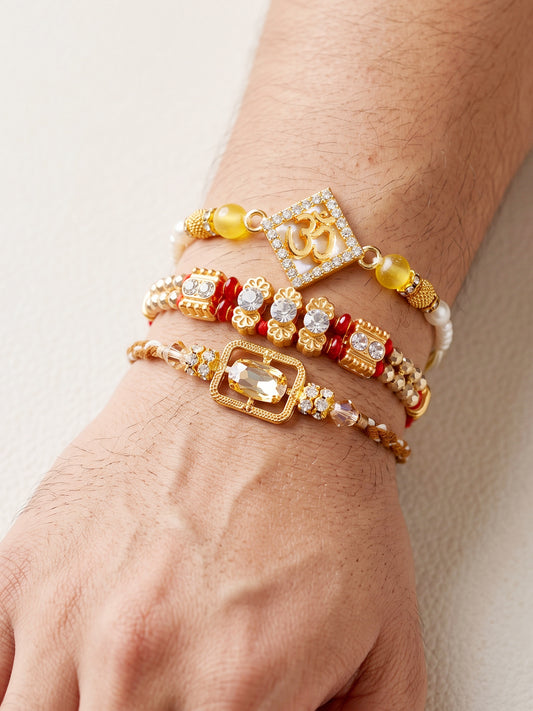 Lucky Jewellery Set of 3 Rakhi with Om & Crystal Pendants, Smooth White Beads, Roli Chawal & Card (160-S7R1-2321-3)