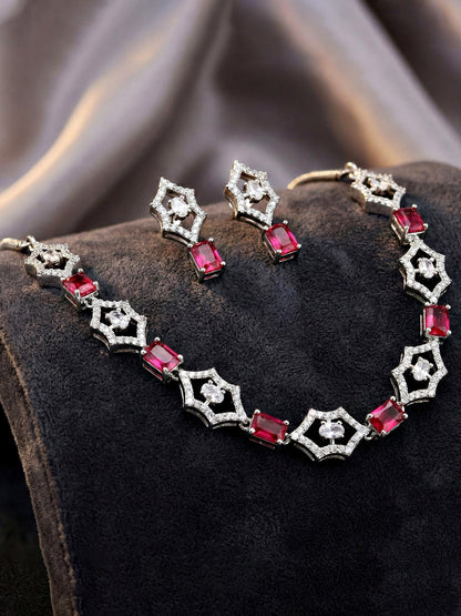 Silver-Tone Ruby Red Stone & American Diamond Necklace Set with Earrings for Women – Office, Party & Function Wear (628-K4SA-2240-R-S)