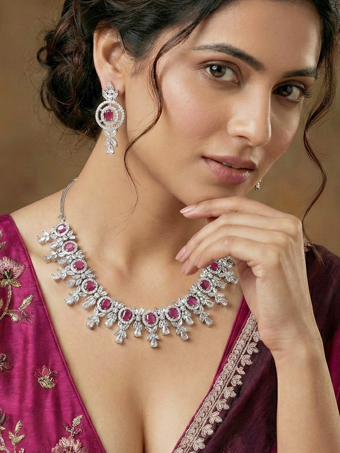 Silver-Tone Ruby Red Stone & American Diamond Necklace Set with Earrings for Women – Office, Party & Function Wear (1717-K4SA-2242-R-S)