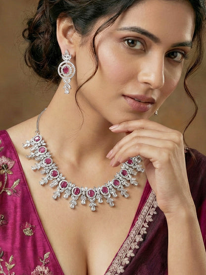 Silver-Tone Ruby Red Stone & American Diamond Necklace Set with Earrings for Women – Office, Party & Function Wear (1717-K4SA-2242-R-S)