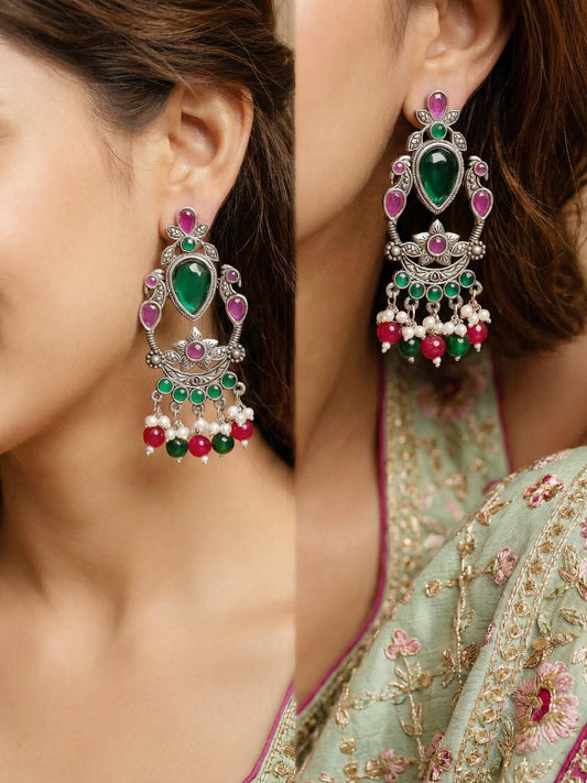 LUCKY JEWELLERY Oxidised Silver Green Stone Chandelier Earrings with Magenta & Green Beads For Girls & Women | Antique Silver Earing Set | Birthday Gift Earrings Valentine Anniversary