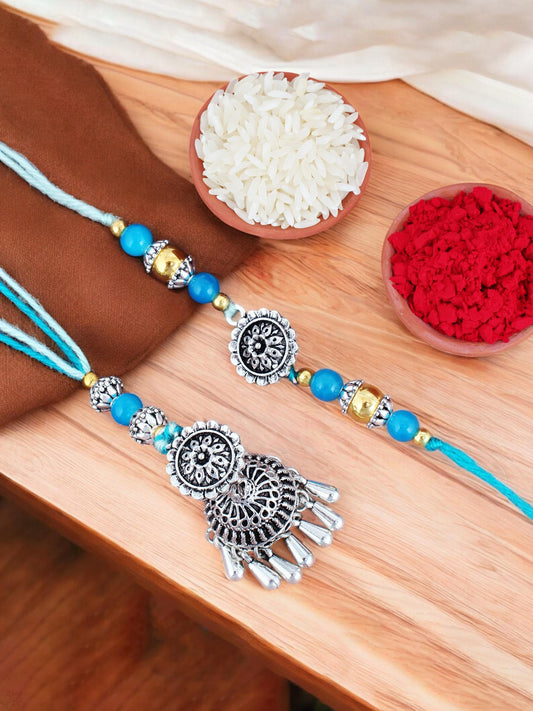 Lucky Jewellery Designer Oxidised Silver Rakhi - Rakshabandhan Rakhee with Tasseled Lumba Bracelet for Brother/Bhaiya/Bhai/Bhabhi - Pack of 2 (144-JPCR1-1983-S-2)