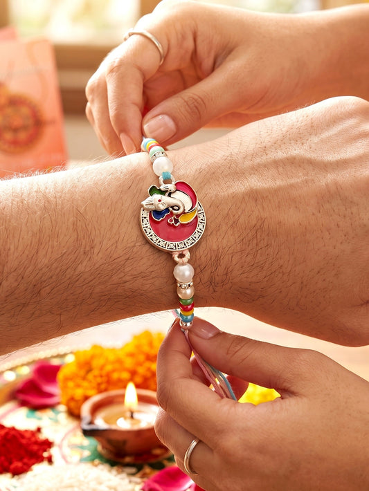 Lord Ganesha Circular Ganpati Silver-Finish Enamel Beaded Rakhi Set For Brother, Roli & Card (132-S5R1-AR2773)