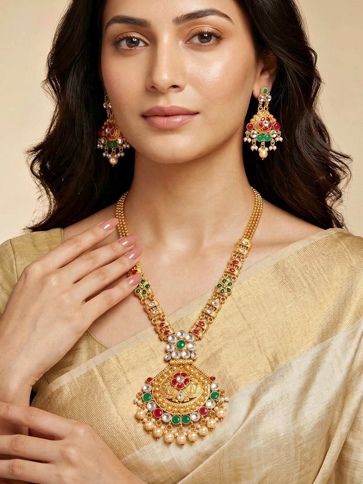Lucky Jewellery Gold-Plated Ruby & Green Color Necklace Set (732-G2SR-191-RG)