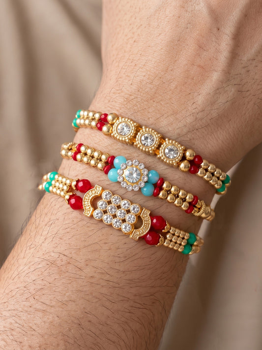 Lucky Jewellery Set of 3 Rakhi with Small Crystal Centerpieces, Gold-Tone & Colored Beads, Roli Chawal & Card (48-S7R1-2312-3)