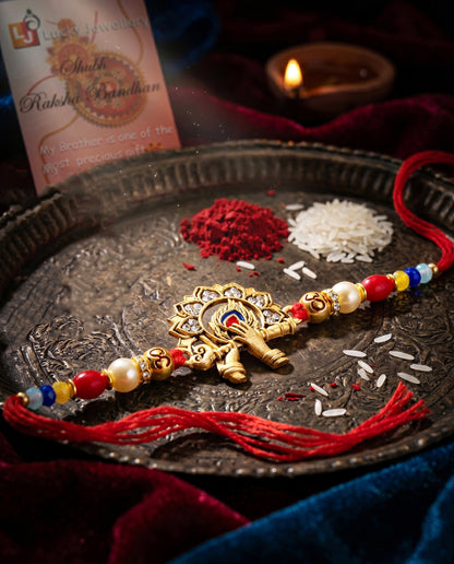Designer Krishna Flute & Peacock Rakhi Set For Brother | Roli Chawal And Card (72-S5R1-AR2934)