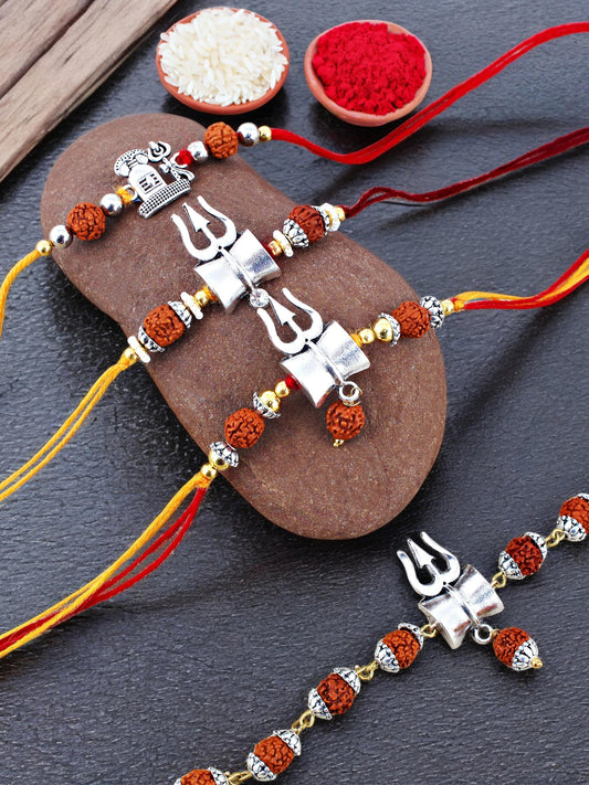 Lucky Jewellery Designer Oxidised Silver Religious Shiva Rakhi - Rakshabandhan Immitation Rudraksh Rakhee Lumba Bracelet for Brother Bhaiya Bhai Bhabhi - Pack of 4 (241-JPR1-1982-S-4)