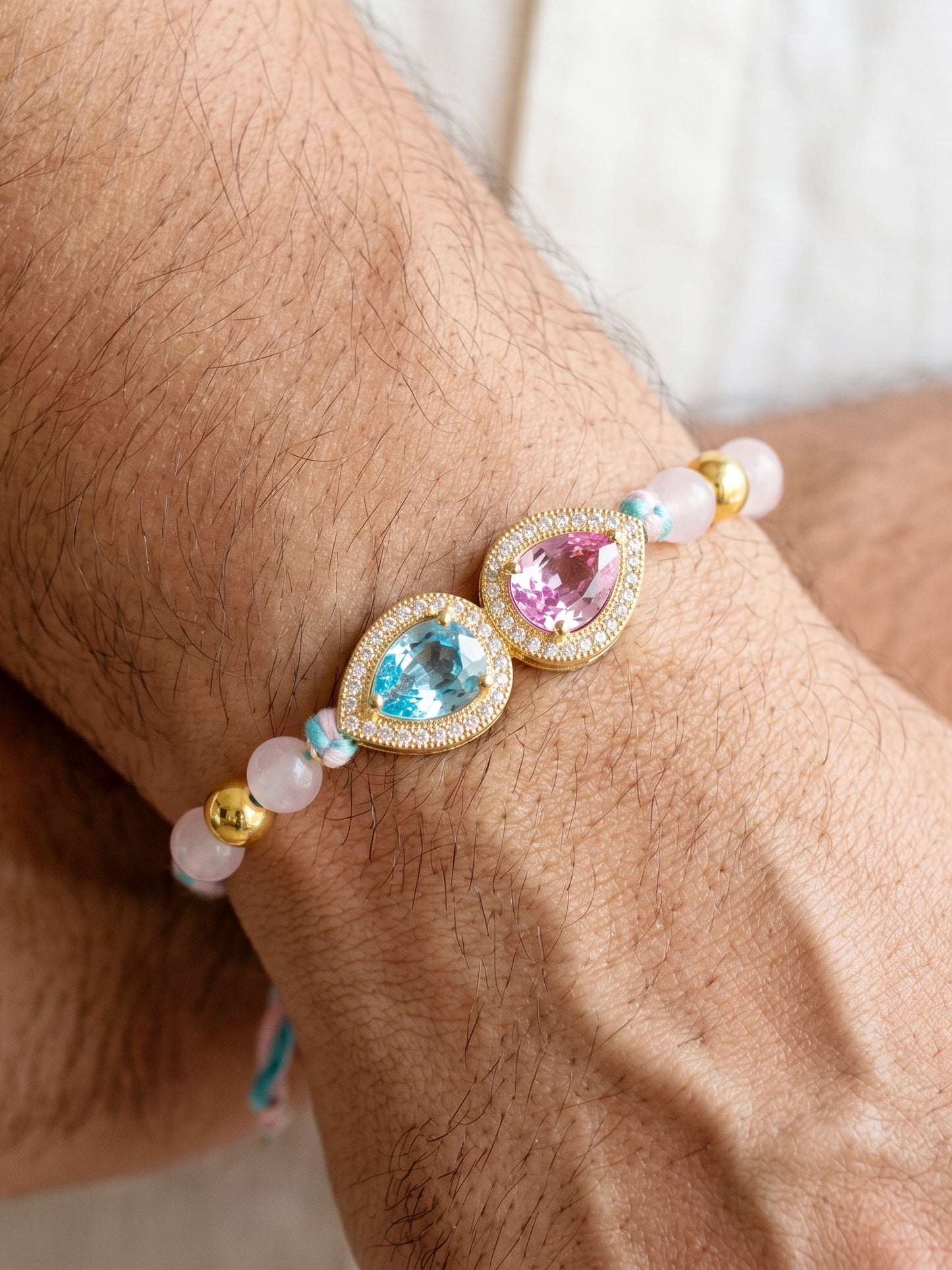 Rakhi for Brother with Blue & Pink drop AD Pendant, Smooth Pastel Beads,Roli Chawal & Card (176-CHR1-1279-PKF-1-2026)