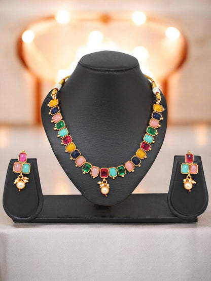 Gold Plated Multi Color Choker Necklace Set with Earrings for Women & Girls