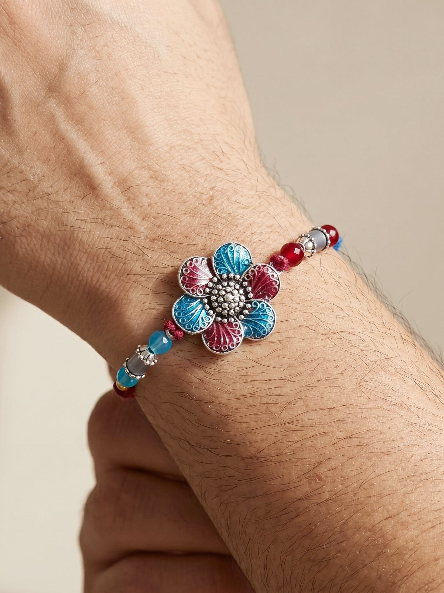 Set of 2 Designer Floral Rakhi for Brother with Metallic, Blue & Maroon Enamel, Roli & Chawal (106-CHR1-1967-RF-S-2-2026)