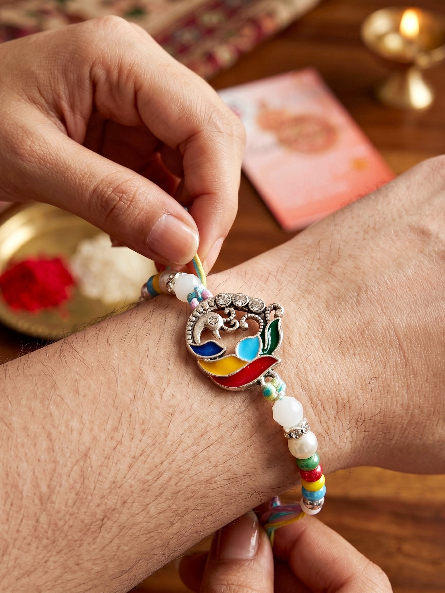 Traditional Silver-Tone Meenakari Peacock Beaded Rakhi For Brother With Roli Chawal & Card (102-S5R1-AR2786)