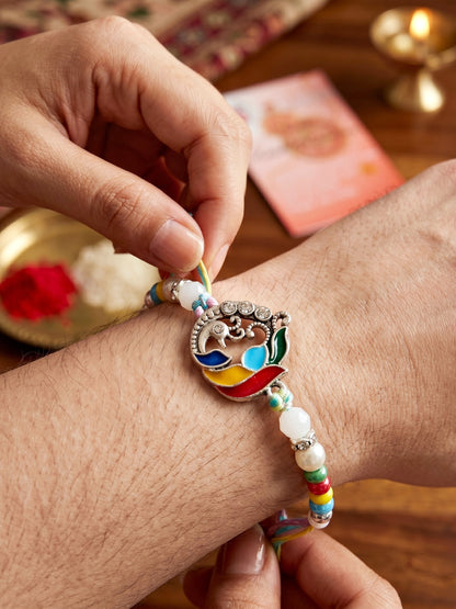 Traditional Silver-Tone Meenakari Peacock Beaded Rakhi For Brother With Roli Chawal & Card (102-S5R1-AR2786)
