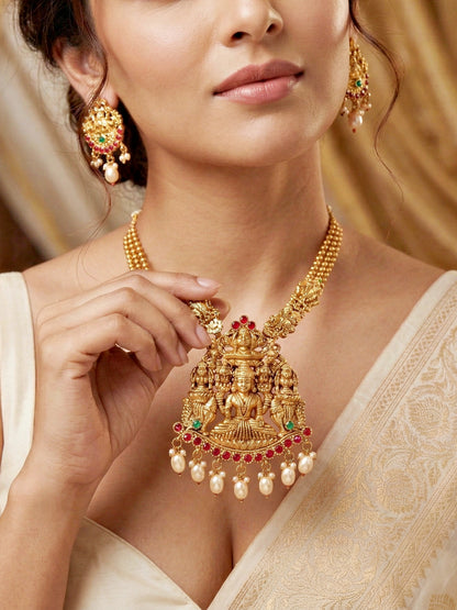 Lucky Jewellery Gold-Plated Laxmi Idol Temple Ruby & Green Color Necklace Set (660-G2SR-196-RG)