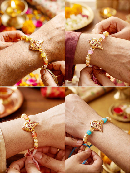Lucky Jewellery Set of 4 Om Krishnaya Namah Shankh Rakhi for Brother with Roli, Chawal & Greeting Card (202-S7R1-2323-4)