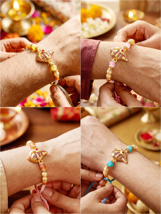 Lucky Jewellery Set of 4 Om Krishnaya Namah Shankh Rakhi for Brother with Roli, Chawal & Greeting Card (202-S7R1-2323-4)