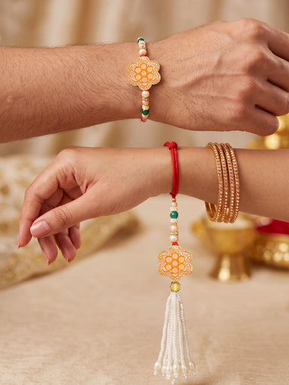 Set of 2 Bhaiya Bhabhi Rakhi Set with Floral Peach Pendant, Green & Gold Beads, Tassel Lumba (130-JPCR1-1857-PH-2-2026)