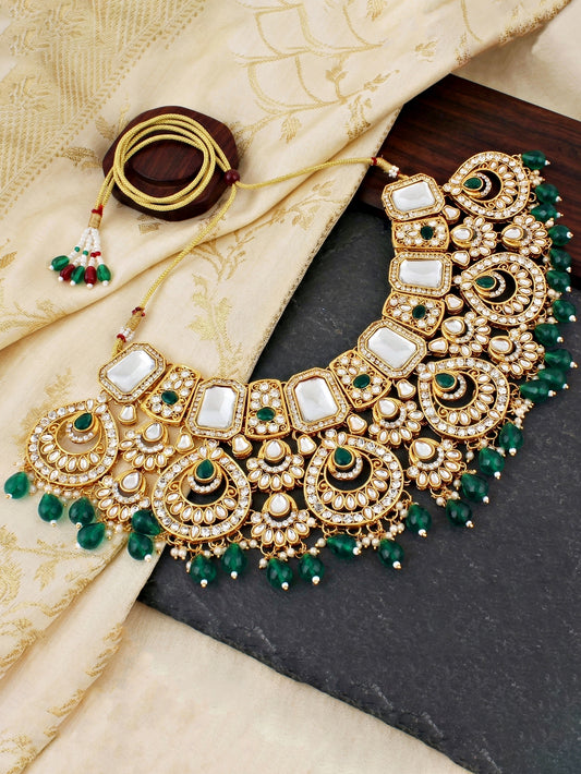Bridal AD Green Stone Heavy Choker Jewellery Set with Sheesh Patti, Nath & Jhumka (3300-M8ZK-1106-G)