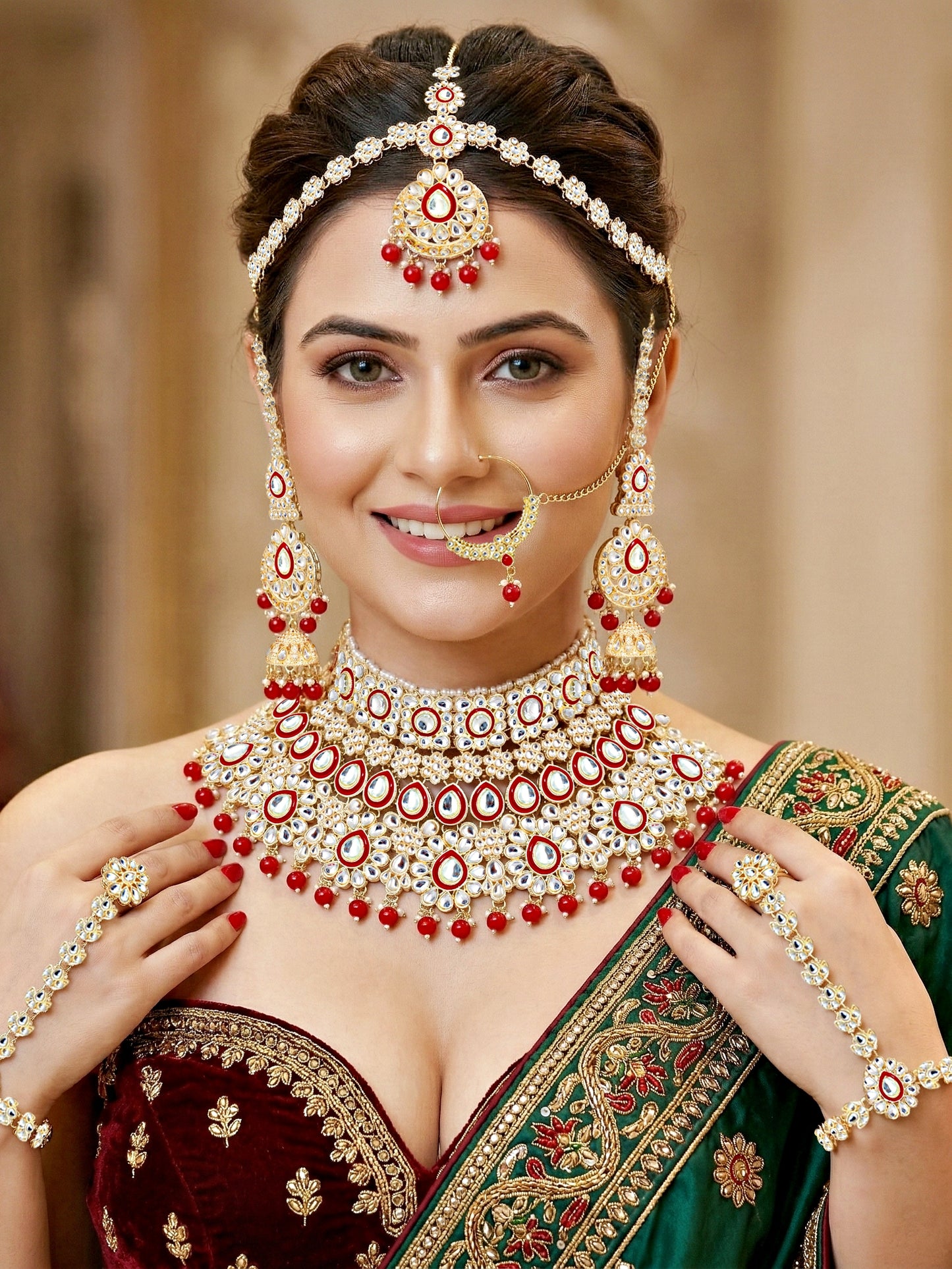 Bridal Kundan Bright Red Heavy Choker Jewellery Set with Hathphool & Nath (2640-IZK-551-RED)