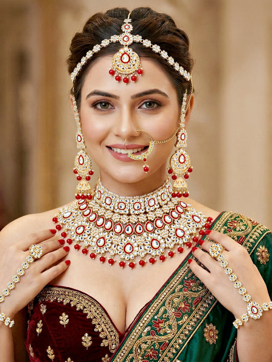 Bridal Kundan Bright Red Heavy Choker Jewellery Set with Hathphool & Nath (2640-IZK-551-RED)
