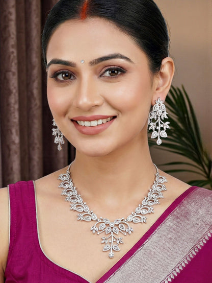 Silver-Tone White Stone & American Diamond Necklace Set with Earrings for Women – Office, Party & Function Wear (1948-K4SA-2241-W-S)