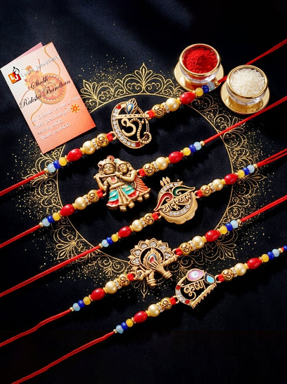 Lucky Jewellery Set of 10 Designer Rakhi for Brother | Golden Om, Krishna & Ganesha Beaded Threads with Roli, Chawal & Card (720-S5R1-2304-10)