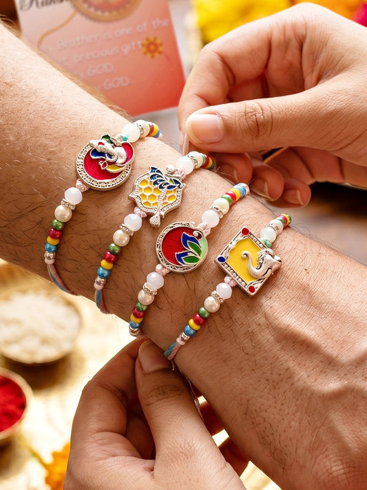 Lucky Jewellery Set of 4 Silver-Toned Enamel Ganesha & Floral Rakhi for Brother | Designer Multicolored Beaded Threads | Raksha Bandhan with Roli, Chawal & Card (528-S5R1-2307-4)