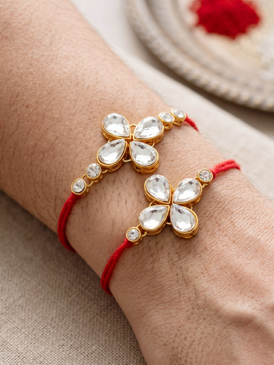 LUCKY JEWELLERY Traditional Rakhi for Brother/Bhaiya – Gold Plated Red Thread Rakshabandhan Rakhie White Stones for Bhai/Bhabhi (Pack of 2) – Fancy Rakhee Bracelet Rakshasutra (159-L1R1-12-W-2-2026)