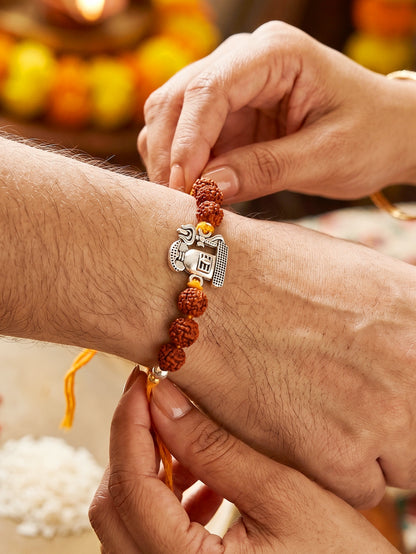 Silver Spiritual Shivling Trishul Rakhi for Brother with Rudraksha, Roli & Chawal & Card (73-CHR1-1963-1-2026)