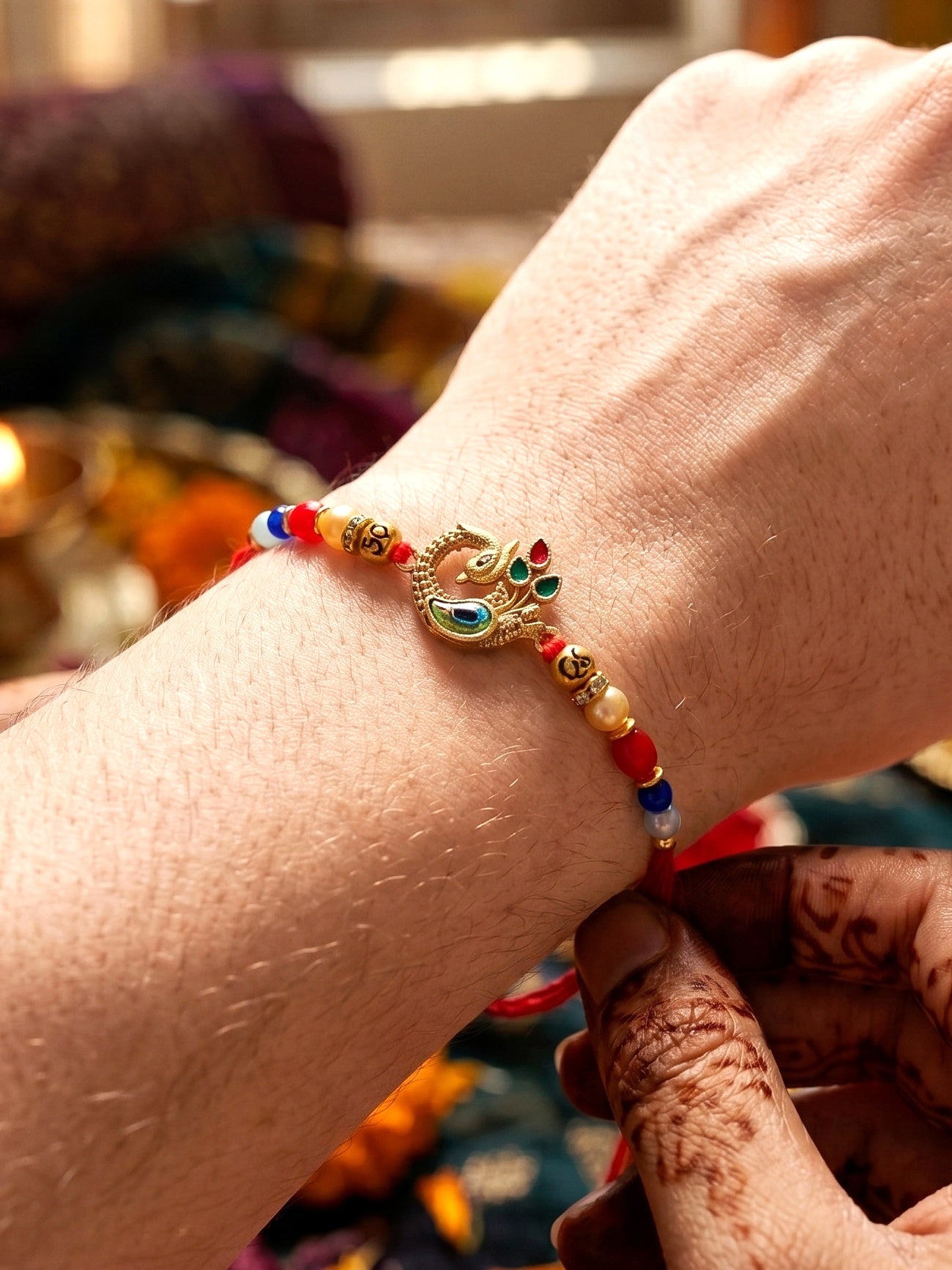 Elegant Peacock Rakhi for Brother with Roli Chawal and Card | Traditional Enamel Beaded Rakhi (72-S5R1-AR2972)