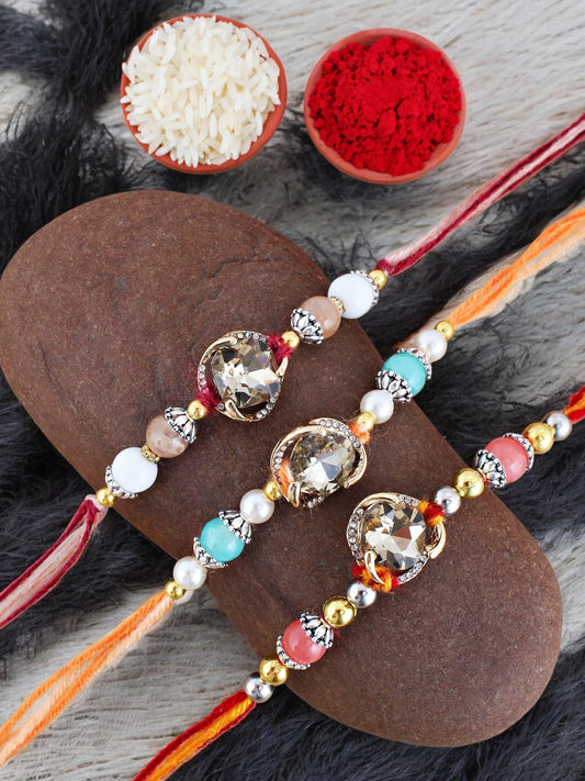 Lucky Jewellery Designer Gold Plated Gold Stone Rakhi - Rakshabandhan Rakhee Bracelet for Brother Bhaiya Bhai Bhabhi - Pack of 3 (300-CHR1-1002B-3)