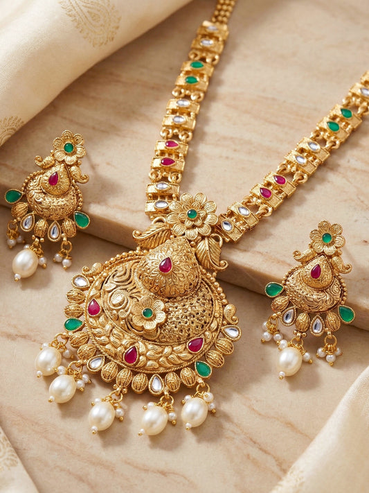 Lucky Jewellery Gold-Plated Ruby & Green Color Long Necklace Set (660-G2SR-203-RG)